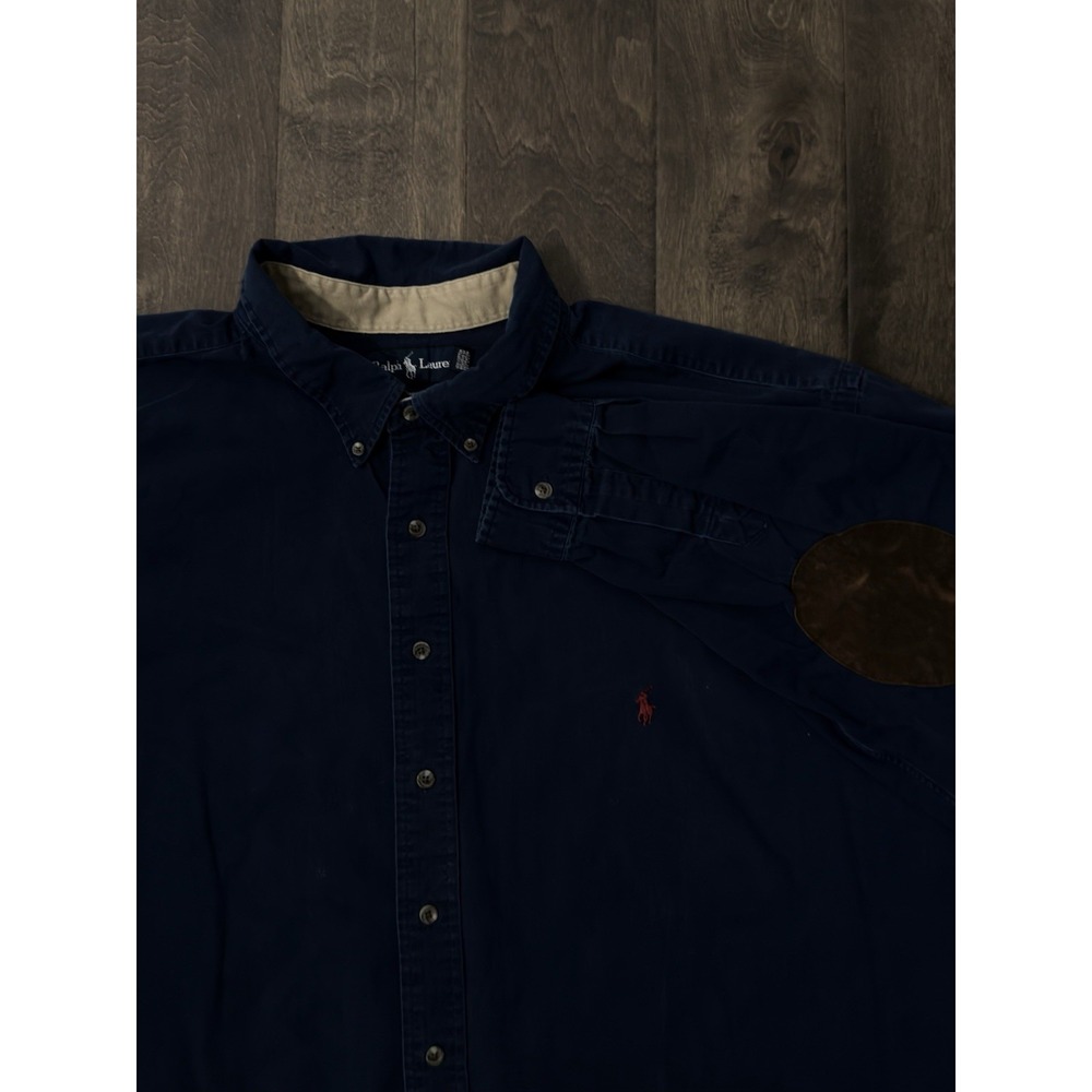 Vintage Ralph Lauren Mens Navy Blue Button Down Elbow Patch Shirt Size 4XLT Pony